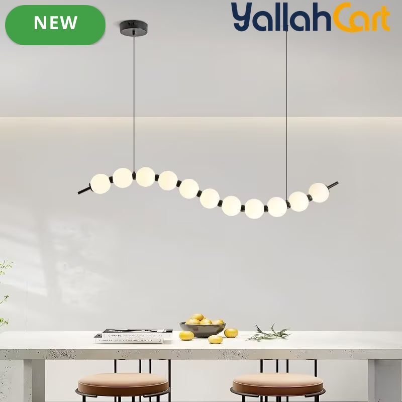 Modern Wave Shape LED Chandelier - Black & White, 18W Acrylic Ball Linear Pendant Light, Adjustable Height, Remote Dimming, 3000K-6000K, Modern Hanging Ceiling Light for Dining Room, Hall & Study