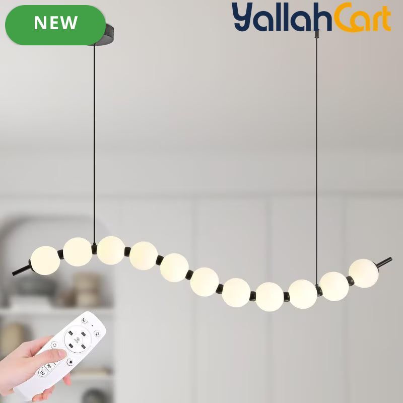 Modern Wave Shape LED Chandelier - Black & White, 18W Acrylic Ball Linear Pendant Light, Adjustable Height, Remote Dimming, 3000K-6000K, Modern Hanging Ceiling Light for Dining Room, Hall & Study