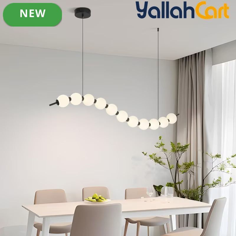 Modern Wave Shape LED Chandelier - Black & White, 18W Acrylic Ball Linear Pendant Light, Adjustable Height, Remote Dimming, 3000K-6000K, Modern Hanging Ceiling Light for Dining Room, Hall & Study