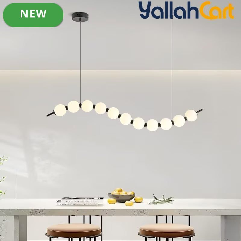 Modern Wave Shape LED Chandelier - Black & White, 18W Acrylic Ball Linear Pendant Light, Adjustable Height, Remote Dimming, 3000K-6000K, Modern Hanging Ceiling Light for Dining Room, Hall & Study