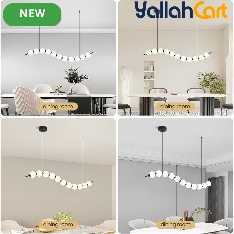 Modern Wave Shape LED Chandelier - Black & White, 18W Acrylic Ball Linear Pendant Light, Adjustable Height, Remote Dimming, 3000K-6000K, Modern Hanging Ceiling Light for Dining Room, Hall & Study