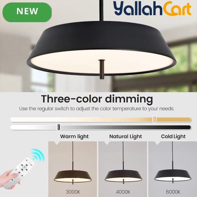 Modern Black LED Pendant Light - 36W, 3-Tier Dimmable Color Temperature 3000K/4000K/6000K, Remote Control, Adjustable Height, 40cm Round Dome Ceiling Light, Semi Flush Mount Fixture for Dining Room, Kitchen Island, Hall & Study
