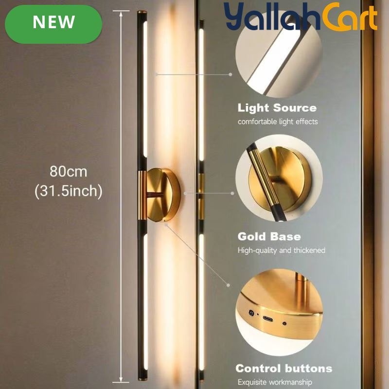 1pc 80cm USB-C Rechargeable LED Wall Lamp - Black & Gold, Remote Control, Dimmable 3-Color Lighting, Timer Function, Power Button, Wall-Mountable & Magnetic, Modern Sconce for Bedroom, Office, Living Room & Bathroom