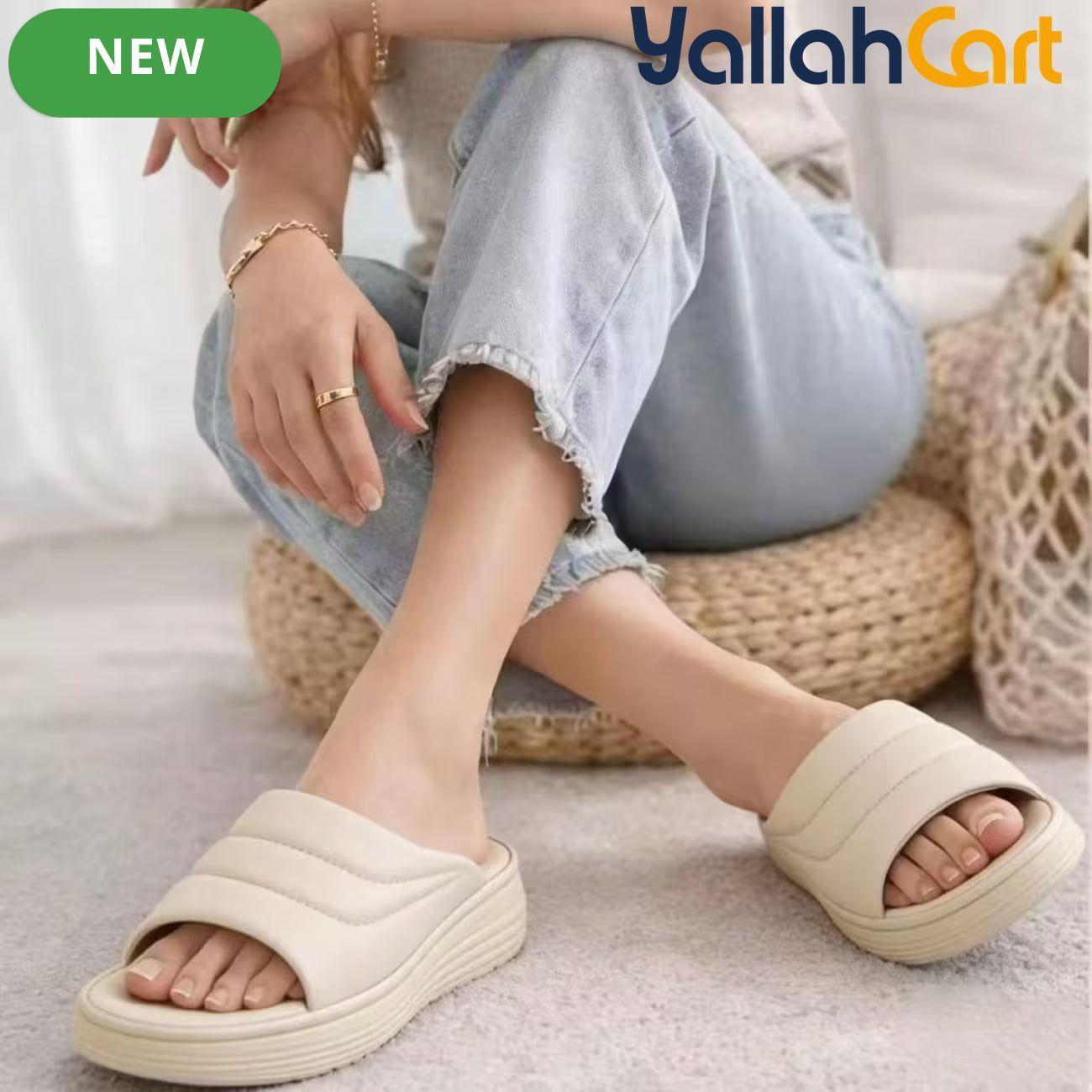 Women’s Quilted Platform Slide Sandals – Cushioned Strap Open-Toe Wedge Shoes