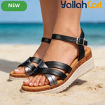 Women’s PU Wedge Sandals – Cross-Strap Adjustable Ankle Shoes with Cork Midsole