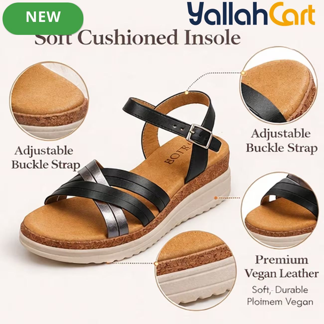 Women’s PU Wedge Sandals – Cross-Strap Adjustable Ankle Shoes with Cork Midsole