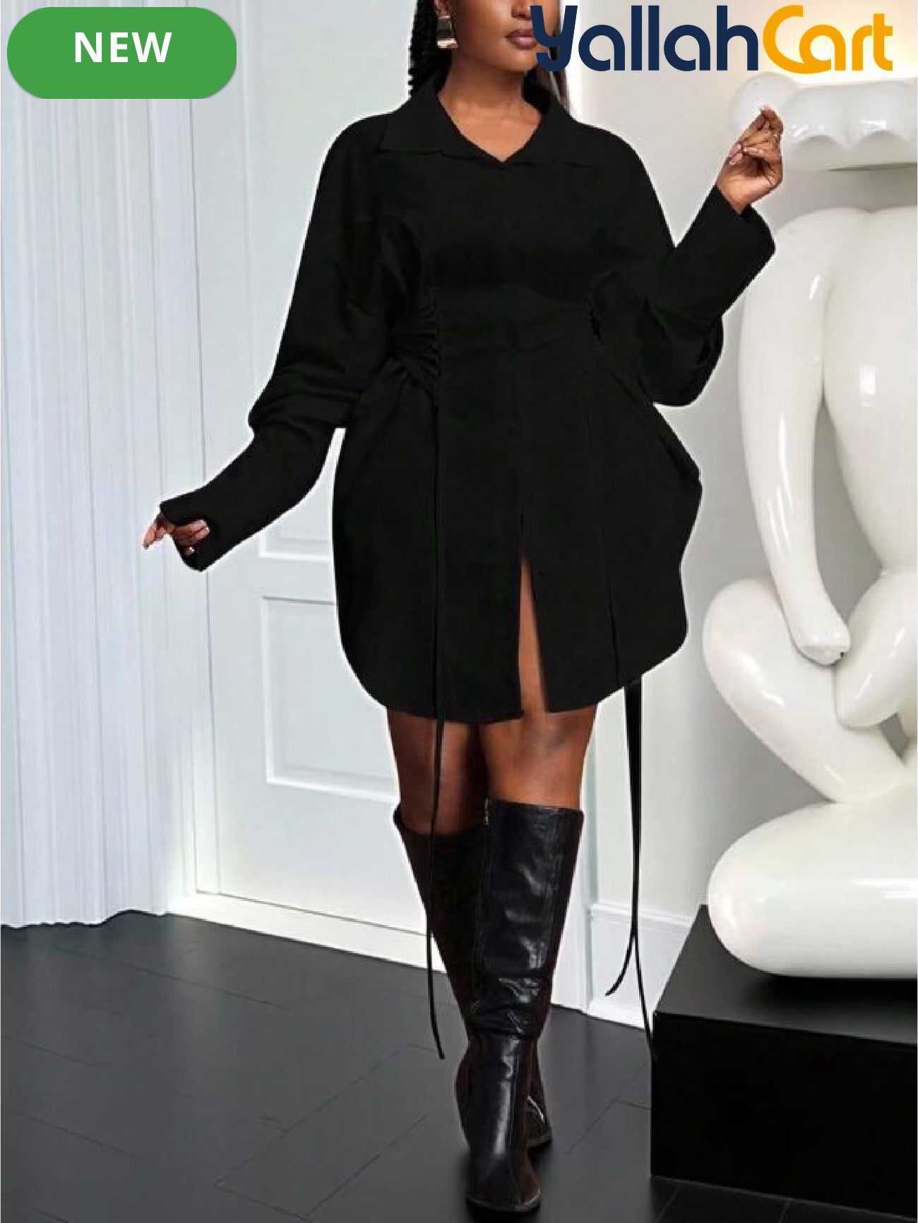 Plus Size Women’s A-Line Dress with Puff Sleeves, Tie Waist & Zipper