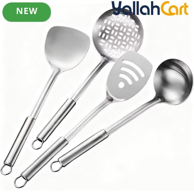 4-Piece Stainless Steel Kitchen Utensil Set – Wok Spatula, Ladle & Slotted Spoons