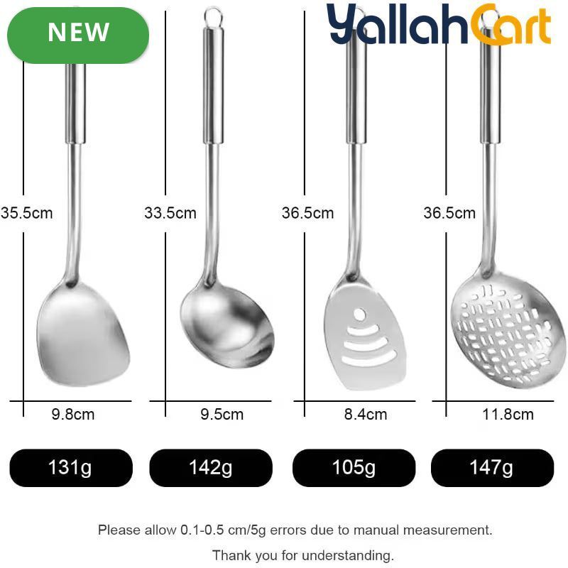 4-Piece Stainless Steel Kitchen Utensil Set – Wok Spatula, Ladle & Slotted Spoons