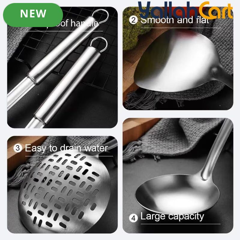 4-Piece Stainless Steel Kitchen Utensil Set – Wok Spatula, Ladle & Slotted Spoons