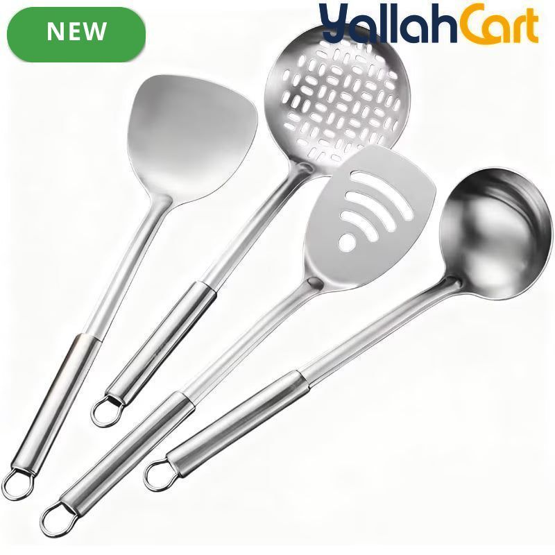 4-Piece Stainless Steel Kitchen Utensil Set – Wok Spatula, Ladle & Slotted Spoons
