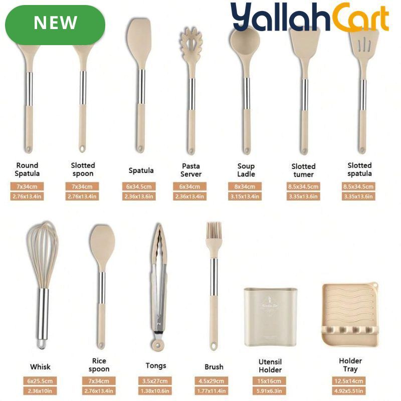 13-Piece Silicone Kitchen Utensil Set with Stainless Steel Handles & Drain Rack