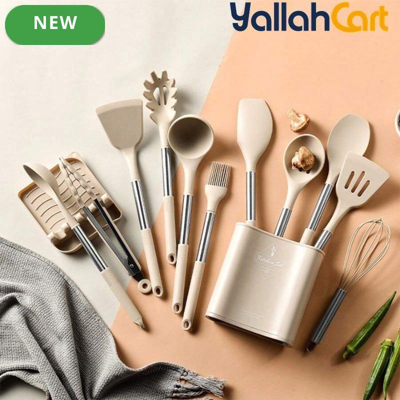 13-Piece Silicone Kitchen Utensil Set with Stainless Steel Handles & Drain Rack